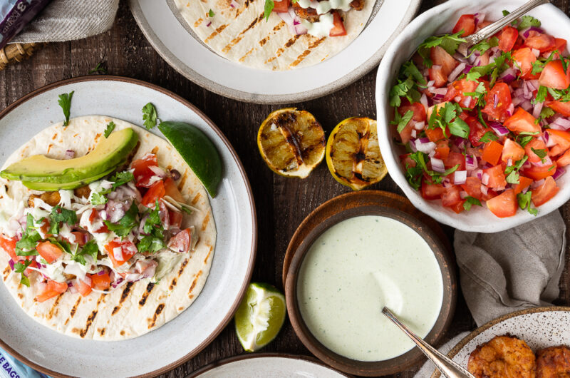 Fish Tacos with Tomato Salsa and Cilantro Crema Sauce